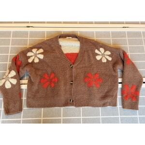 Brown‎ Orange Kawaii Cute Daisy Button Down Fuzzy Cardigan Size L Preppy Artsy